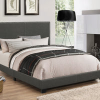 Fabric Upholstered Queen Size Platform Bed with Nail Head Trim, Charcoal Gray