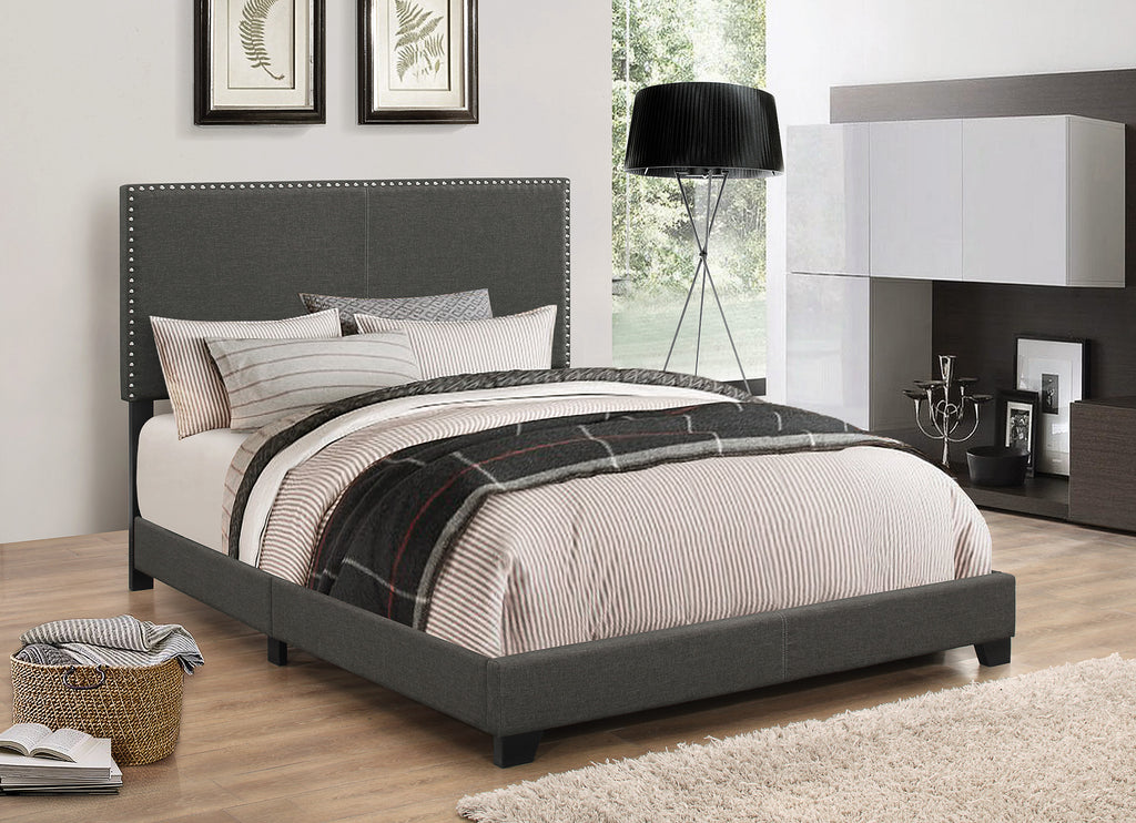 Fabric Upholstered Queen Size Platform Bed with Nail Head Trim, Charcoal Gray