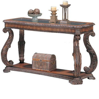 Wooden Traditional Sofa Table with Glass Inlay, Warm Brown