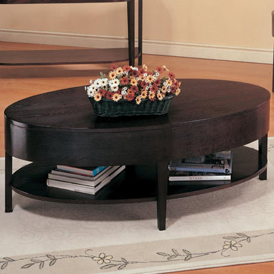Oval Shaped Wooden Coffee Table With Lower Shelf, Cappuccino Brown