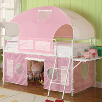Metal Frame Fairy Tent Bunk Bed With Fabric Covering, White & Pink