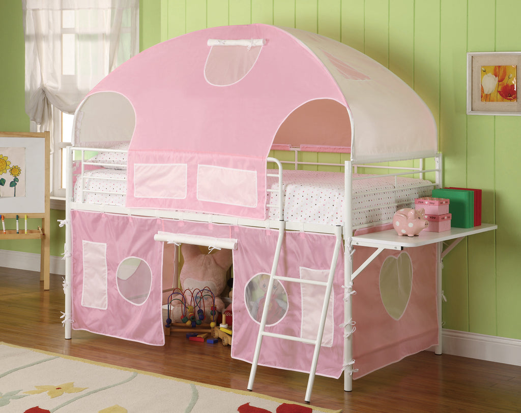 Metal Frame Fairy Tent Bunk Bed With Fabric Covering, White & Pink