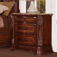 3 Drawer Wooden Night Stand With Marble Top, Cherry Brown
