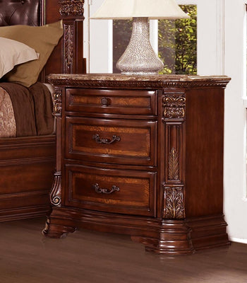 3 Drawer Wooden Night Stand With Marble Top, Cherry Brown