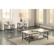 3 Piece Faux Marble Top Table Set With Decorative Metal Frame, Cream & Gray