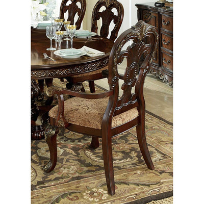 WoodFabric Arm Chair With Deep Engraved Design, Brown & Beige (Set of 2)