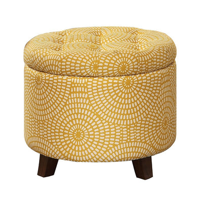 Button Tufted Wooden Round Storage Ottoman Upholstered In Fabric, Yellow & Brown
