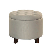 Button Tufted Wooden Round Storage Ottoman Upholstered In Fabric, Beige & Brown