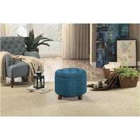 Button Tufted Wooden Round Storage Ottoman Upholstered In Fabric, Blue & Brown