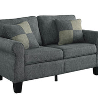 Linen Fabric Upholstered Love Seat With Wooden Legs, Gray and Black
