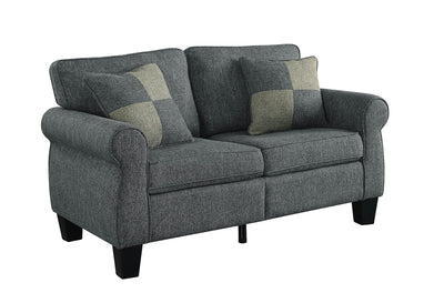 Linen Fabric Upholstered Love Seat With Wooden Legs, Gray and Black