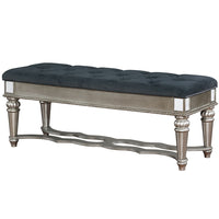 Traditional Solid Wood Bench With Tufted Seat, Silver and Blue