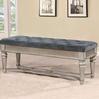 Traditional Solid Wood Bench With Tufted Seat, Silver and Blue