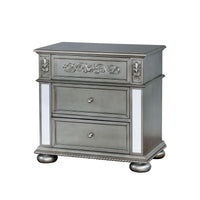 Traditional Solid Wood Night Stand With Floral Carvings Accent, Silver