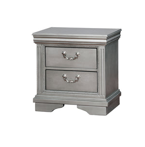 Traditional Solid Wood Night Stand With Intricate Carvings, Silver and Gray