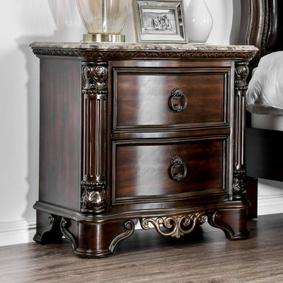 Transitional Wood Night Stand With Genuine Marble Top, Brown