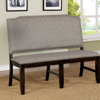 Nail Head Trim Wooden Bench with Fabric Upholstery, Gray And Brown