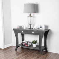 Wooden Sofa Table with Swooping Curled Legs, Gray