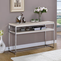 Metal Sofa Table with Wooden Top And Shelf, Silver & Weathered White
