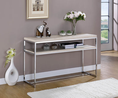 Metal Sofa Table with Wooden Top And Shelf, Silver & Weathered White