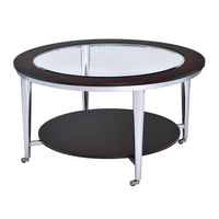 Wood & Metal Round Coffee Table with Glass Inserted Top, Espresso Brown & Silver