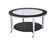 Wood & Metal Round Coffee Table with Glass Inserted Top, Espresso Brown & Silver
