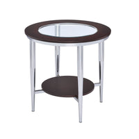 Wood & Metal Round End Table with Glass Inserted Top, Espresso Brown & Silver