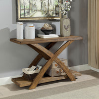 Wooden Sofa Table with Angled XShaped Base, Antique Light Oak Brown