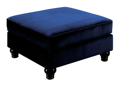 Fabric Upholstered Ottoman with Turned Legs, Blue