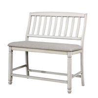 Fabric Padded Wood Counter Height Bench With Slat Back , Antique White