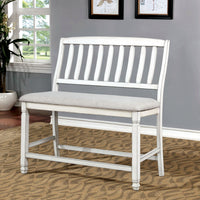 Fabric Padded Wood Counter Height Bench With Slat Back , Antique White