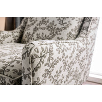 Contemporary Style Wooden Sofa Chair With Leafy Patterned Fabric, White & Gray