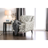 Contemporary Style Wooden Sofa Chair With Leafy Patterned Fabric, White & Gray