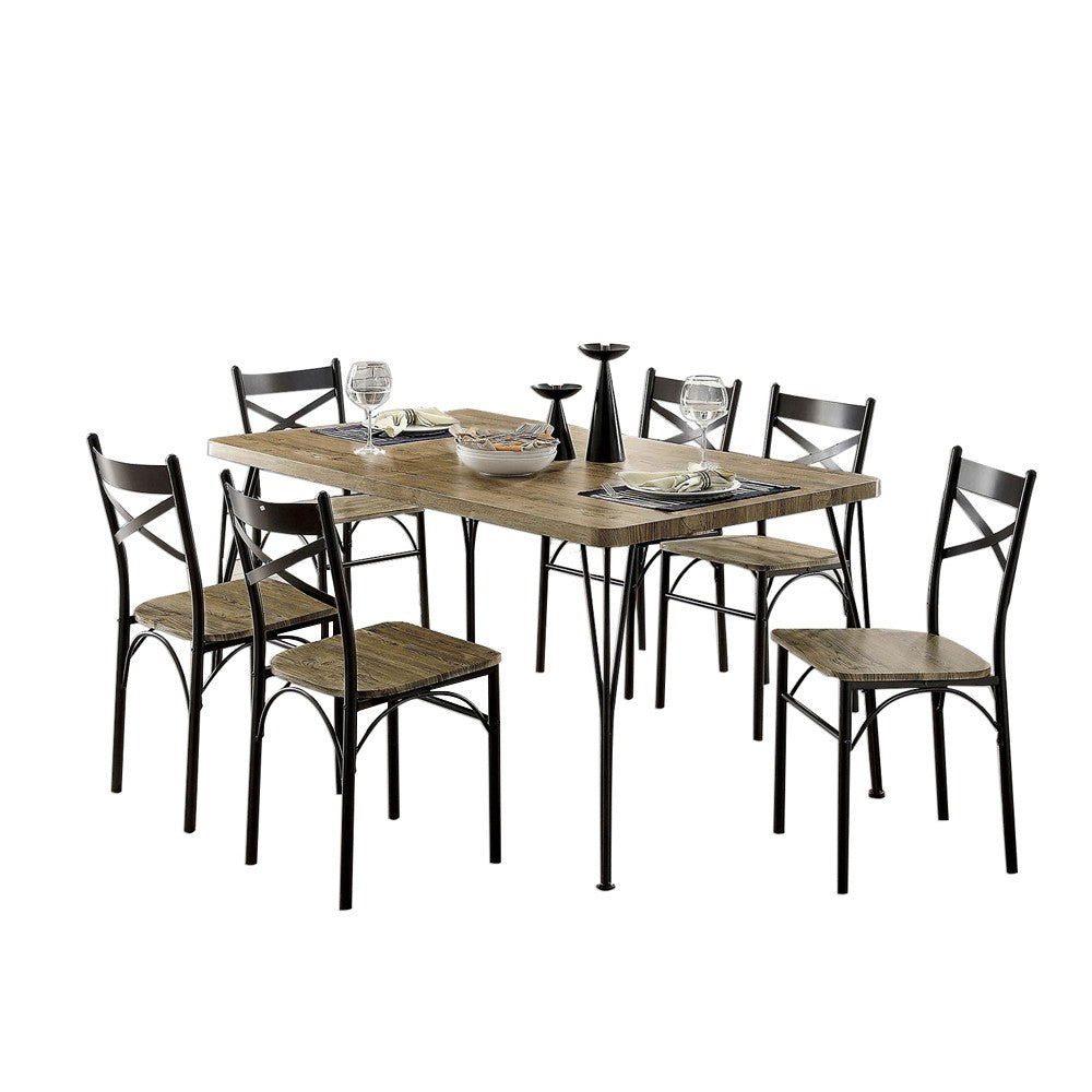 7Piece Wooden Dining Table Set In Gray and Weathered Brown