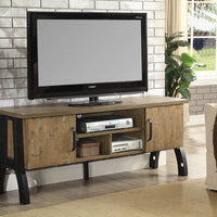 60" Wooden And Metal Frame TV Stand With 3 Open Shelves, Rustic Oak Brown
