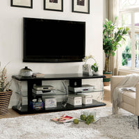 60" Wooden TV Stand With Spacious Glass Shelf, Black And Clear