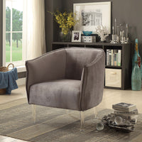 Welted Trim Fabric Upholstered Accent Chair With Acrylic Legs, Gray