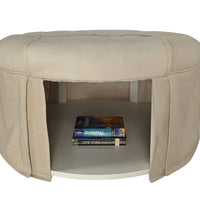Button Tufted Fabric Upholstered Ottoman With Open Bottom Shelf, Beige