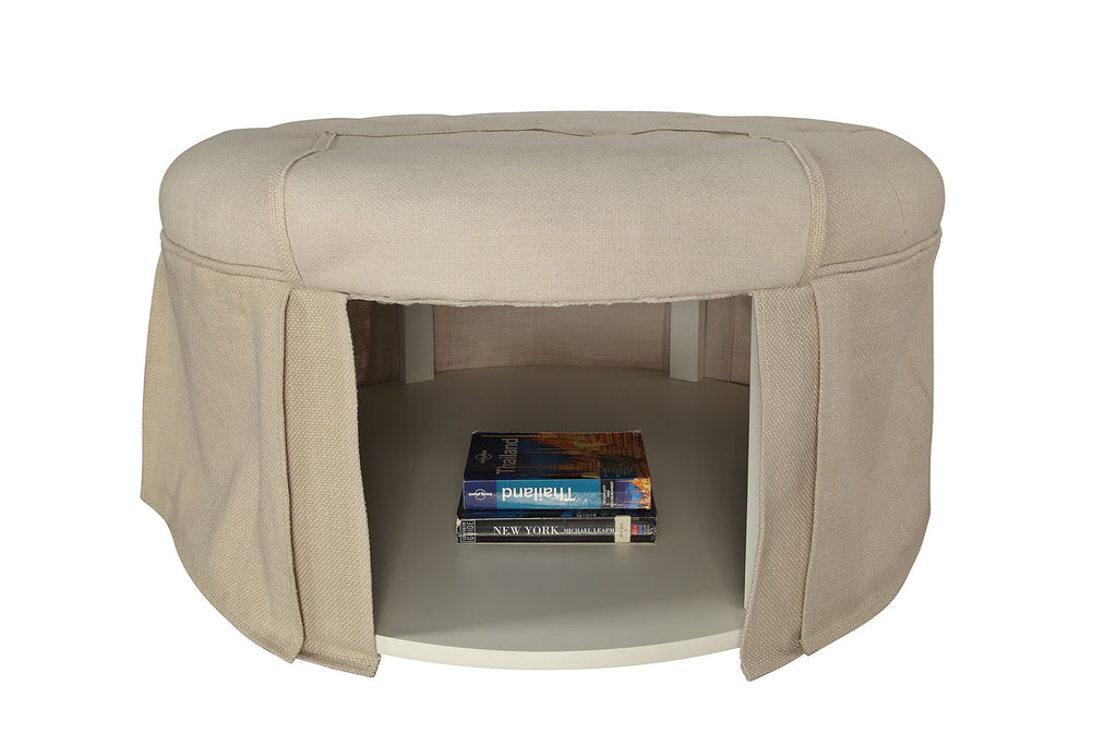 Button Tufted Fabric Upholstered Ottoman With Open Bottom Shelf, Beige