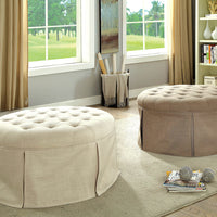 Button Tufted Fabric Upholstered Ottoman With Open Bottom Shelf, Beige