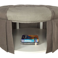 Button Tufted Fabric Upholstered Ottoman With Open Bottom Shelf, Gray