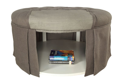 Button Tufted Fabric Upholstered Ottoman With Open Bottom Shelf, Gray