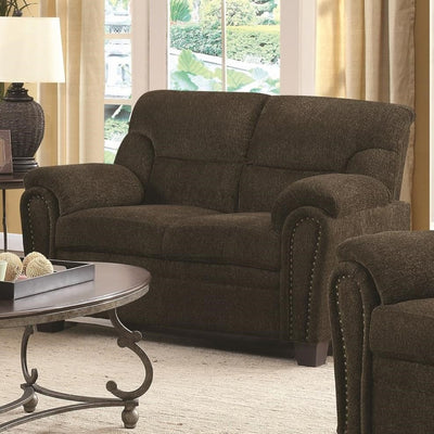 Transitional Chenille Fabric & Wood Loveseat With Cushioned Armrests, Brown
