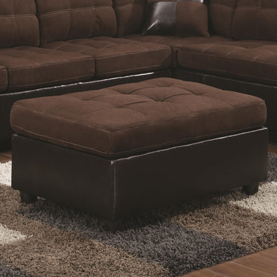Transitional Faux Leather and Wood Ottoman With Tufting, Chocolate Brown