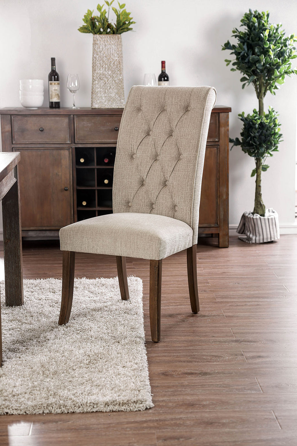 Wooden Fabric Upholstered Side Chair, Ivory And Brown, Pack Of Two