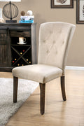 Button Tufted Fabric Upholstered Wooden Side Chair, Beige And Oak Brown