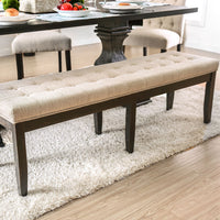 Wooden Bench In Ivory Fabric Upholstery With Welt Trim, Beige And Black