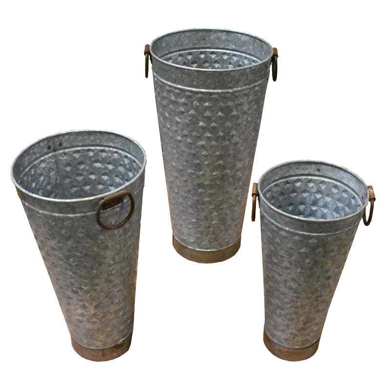 Three Piece Tall Metal Planter With Tapered Bottom, Gray