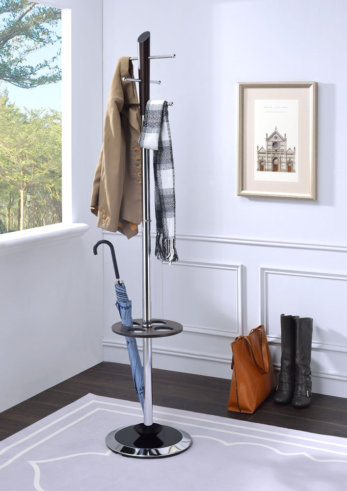 Wood & Metal Coat Rack with Six Hooks And Umbrella Stand, Dark Brown & Silver