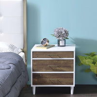 Wooden Nightstand with Three Drawers, White & Weathered Oak Brown